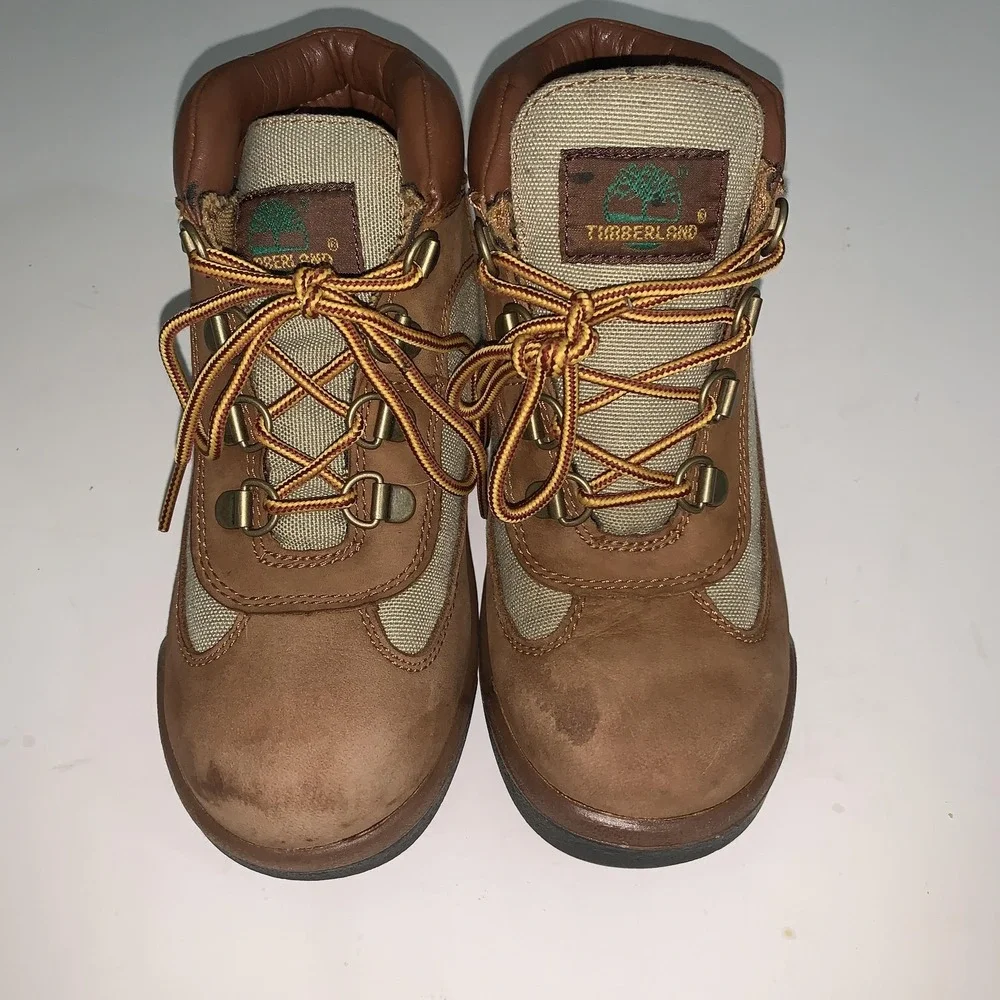 Timberland Field Boots Boys Size 1 Brown Nubuck Canvas Hiking Trail A75163